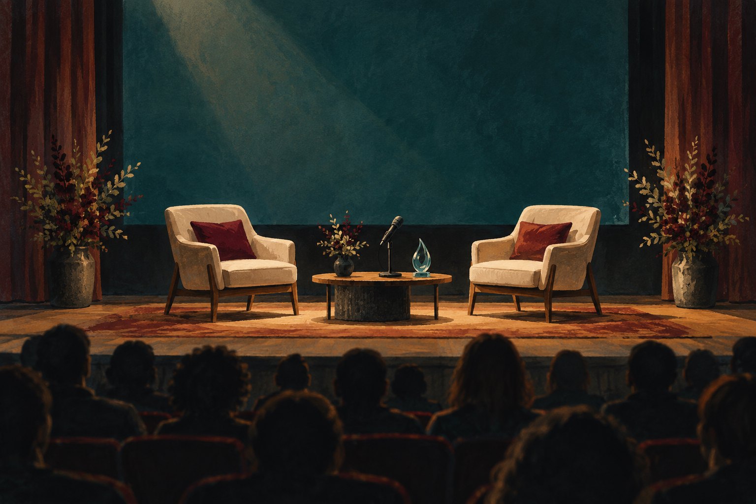 Conceptual illustration of two empty discussion chairs, a microphone, and a glass award on a softly lit cinema stage.