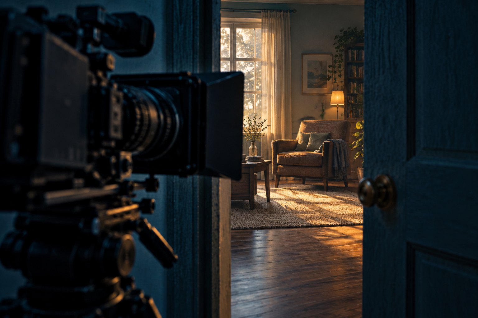 Conceptual illustration of a cinema camera looking through a doorway toward an empty armchair in a warmly lit living room.