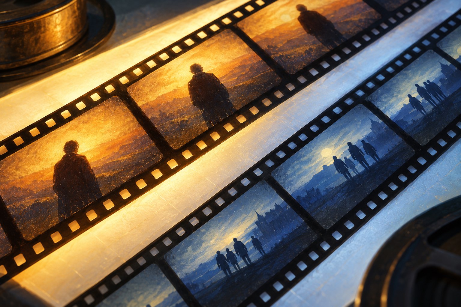 Conceptual illustration of illuminated film strips contrasting an isolated figure in amber light with groups of figures in blue light.