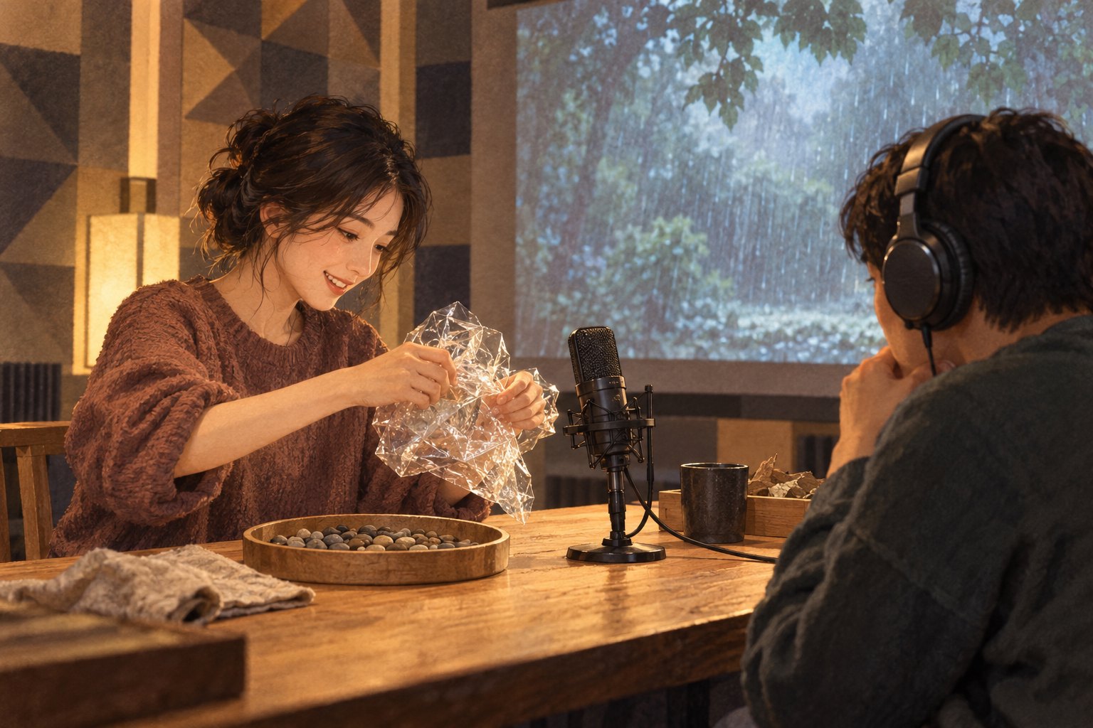 电影拟音体验示意：参与者在话筒前揉动透明材料，同伴戴着耳机聆听