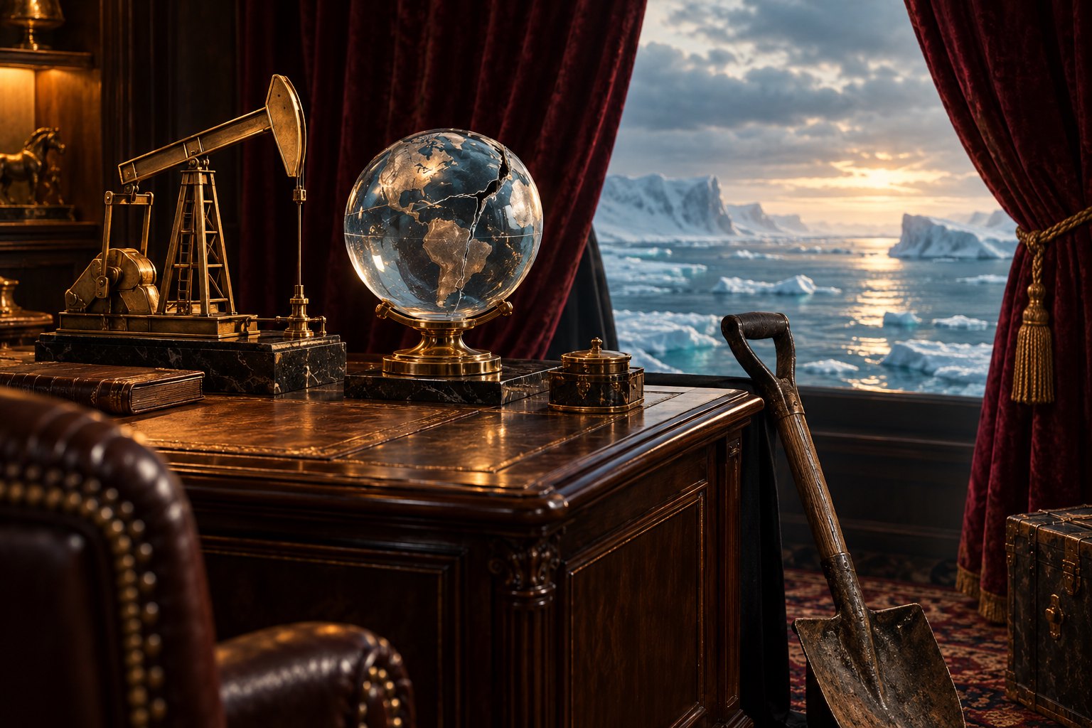 Conceptual illustration of a brass oil pump, fractured glass globe, and weathered shovel beside curtains opening onto an icy ocean.