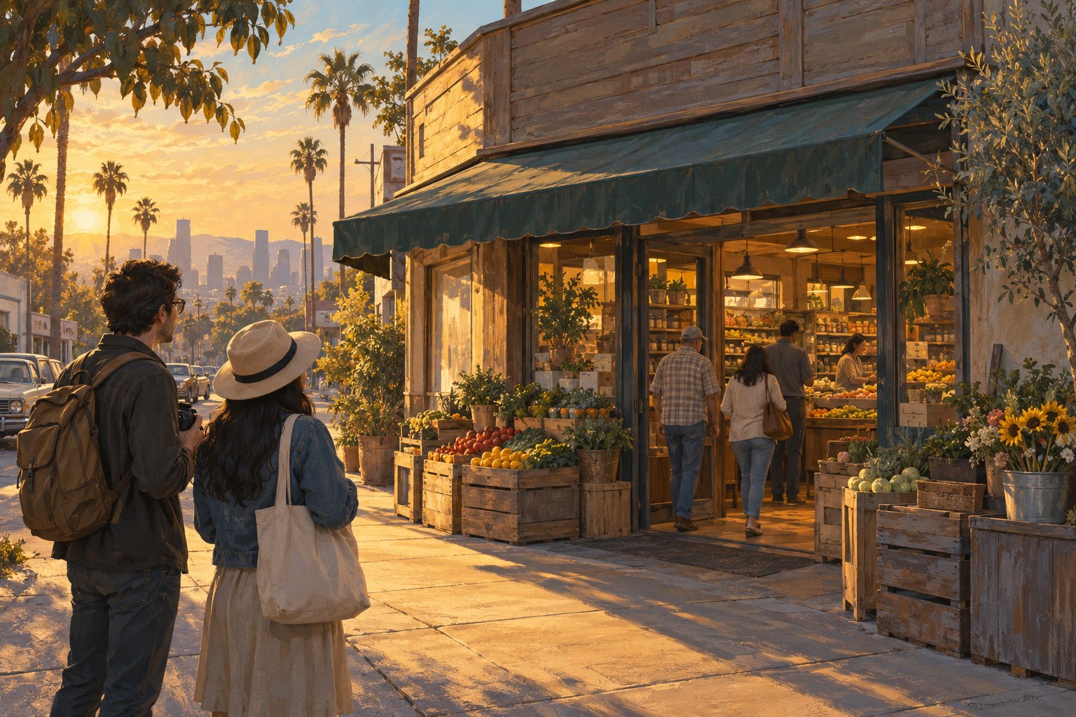 夕陽下,旅人停步觀看加州風格的社區雜貨店;概念插畫,非實際取景店家