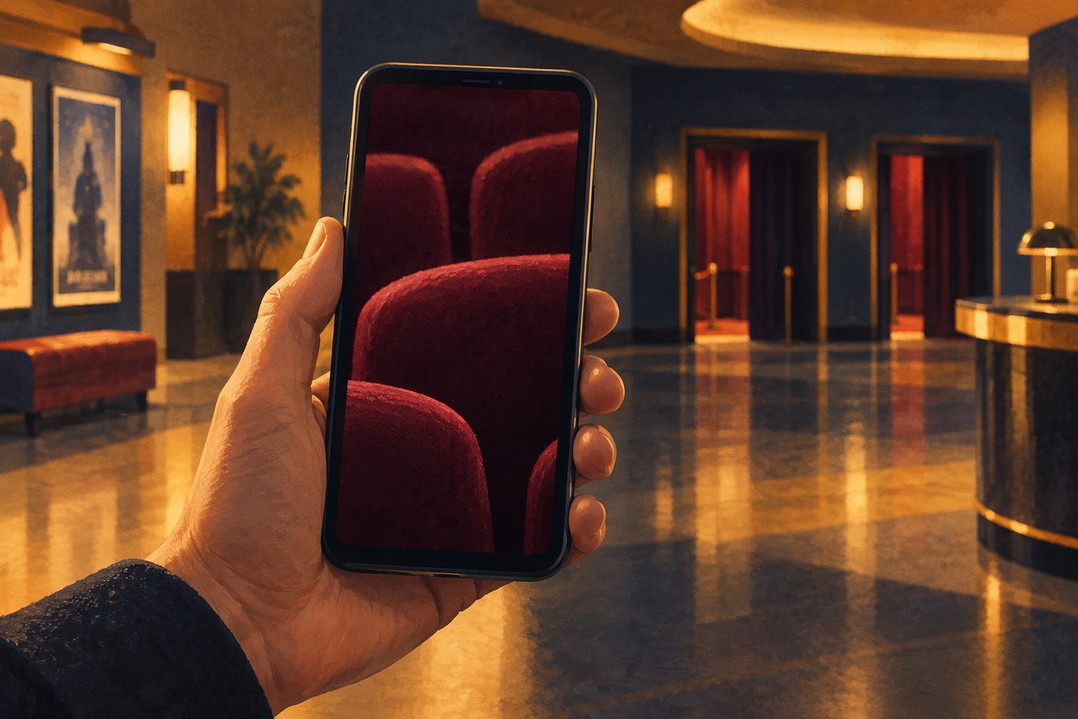 Conceptual illustration of a hand holding a phone displaying cropped theater seats against a wider cinema lobby.