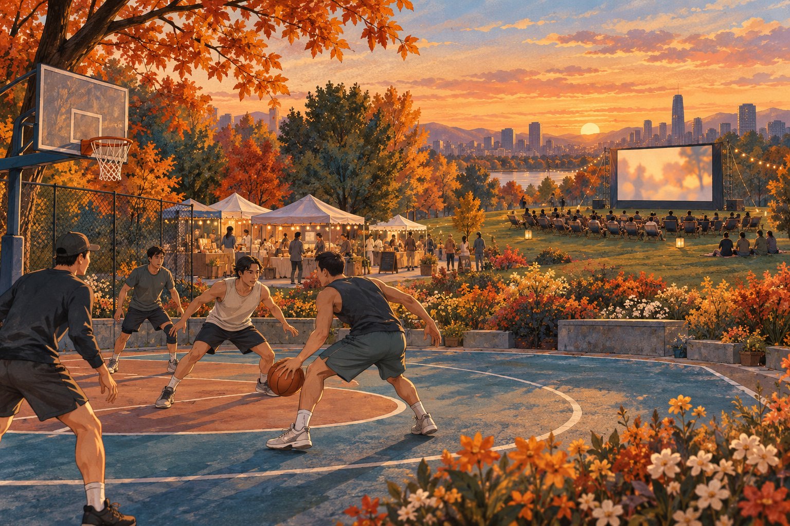 秋日城市休闲活动概念插画:人们在街头篮球场打球,花丛、市集帐篷与远处露天银幕相映