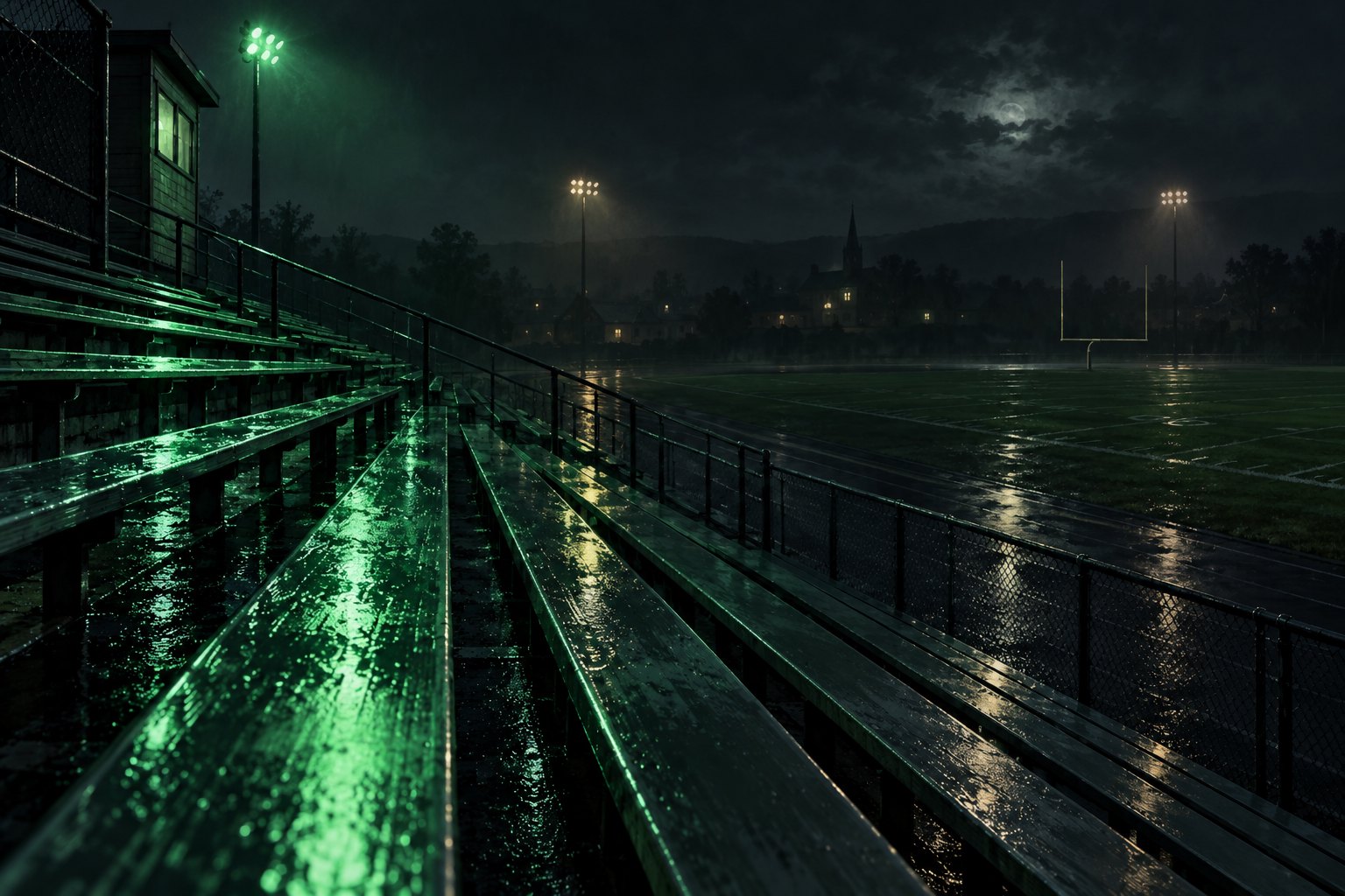 Conceptual illustration of rain-soaked football bleachers illuminated by green light beneath a stormy night sky.