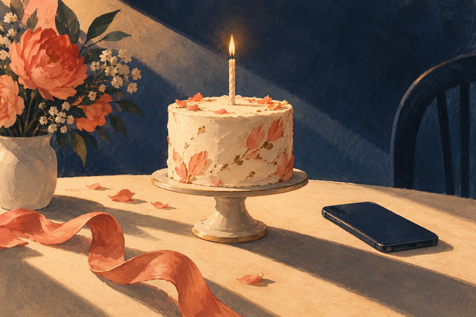 Symbolic illustration of a birthday cake with a lit candle beside a face-down smartphone on a softly lit table.