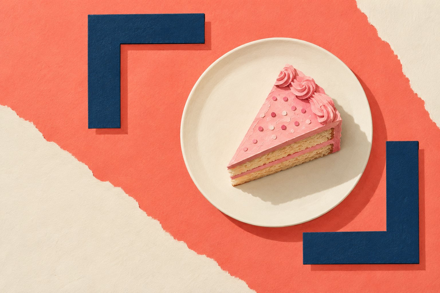 Symbolic paper collage of a pink birthday cake slice on a cream plate between dark blue photographic crop marks.