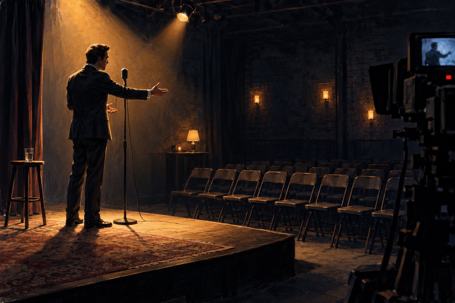 Conceptual illustration of a suited performer addressing empty theater seats beside a microphone while a television camera records.