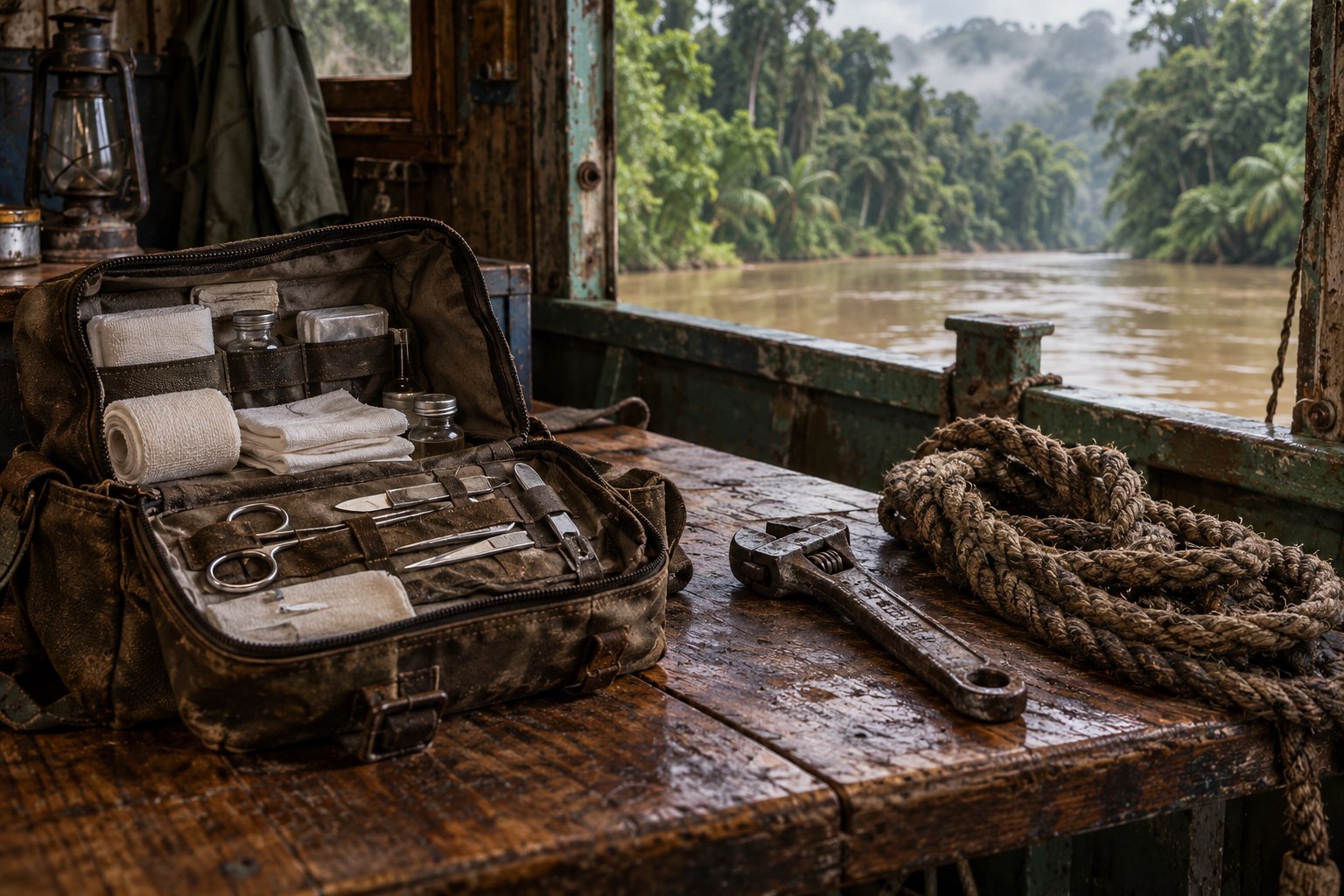 Concept illustration of a medical bag, wrench, and coiled rope on a riverboat table overlooking the rainforest.