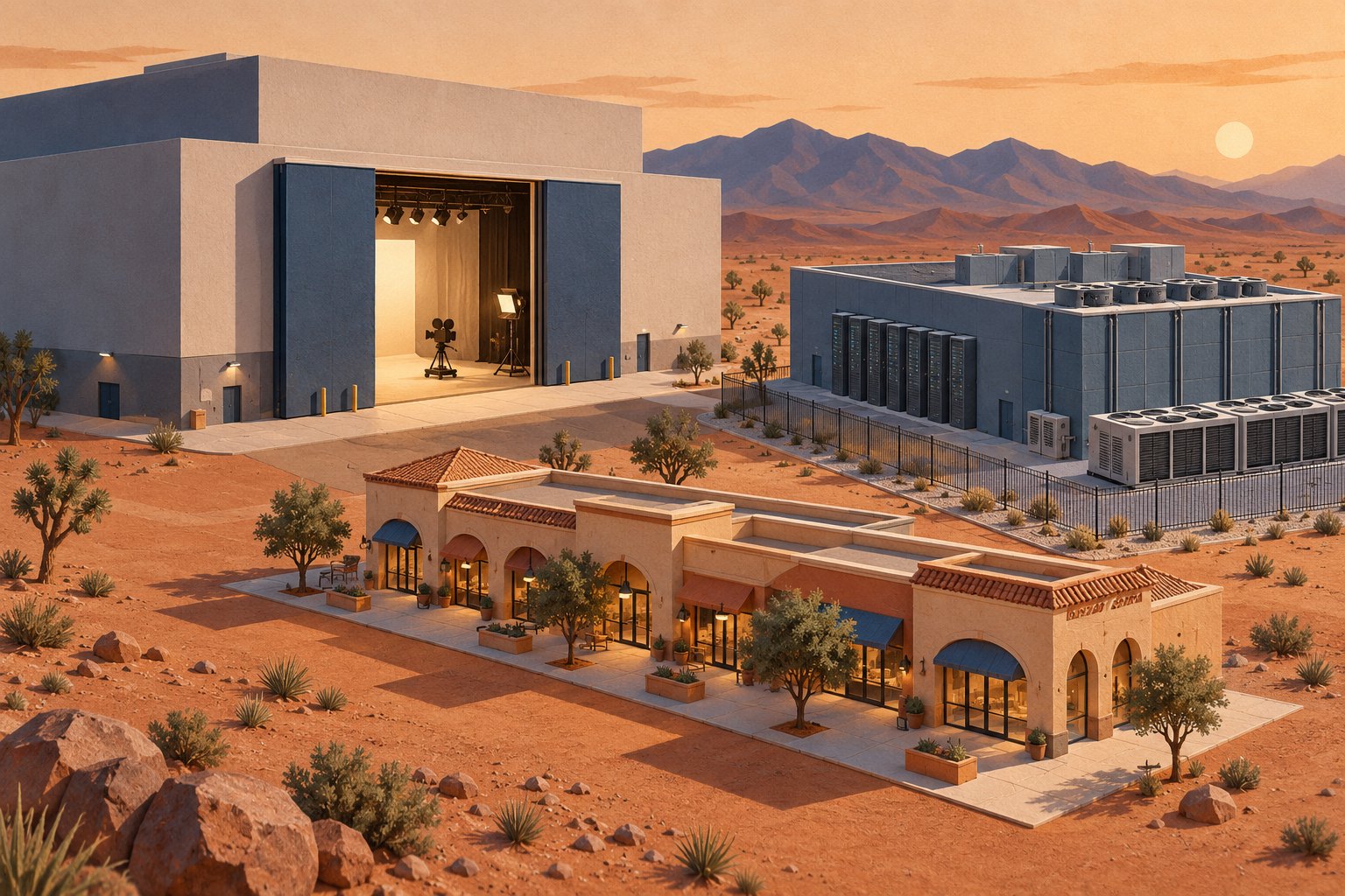 Conceptual illustration of separate film studio, retail, and data center buildings arranged on desert-colored terrain.