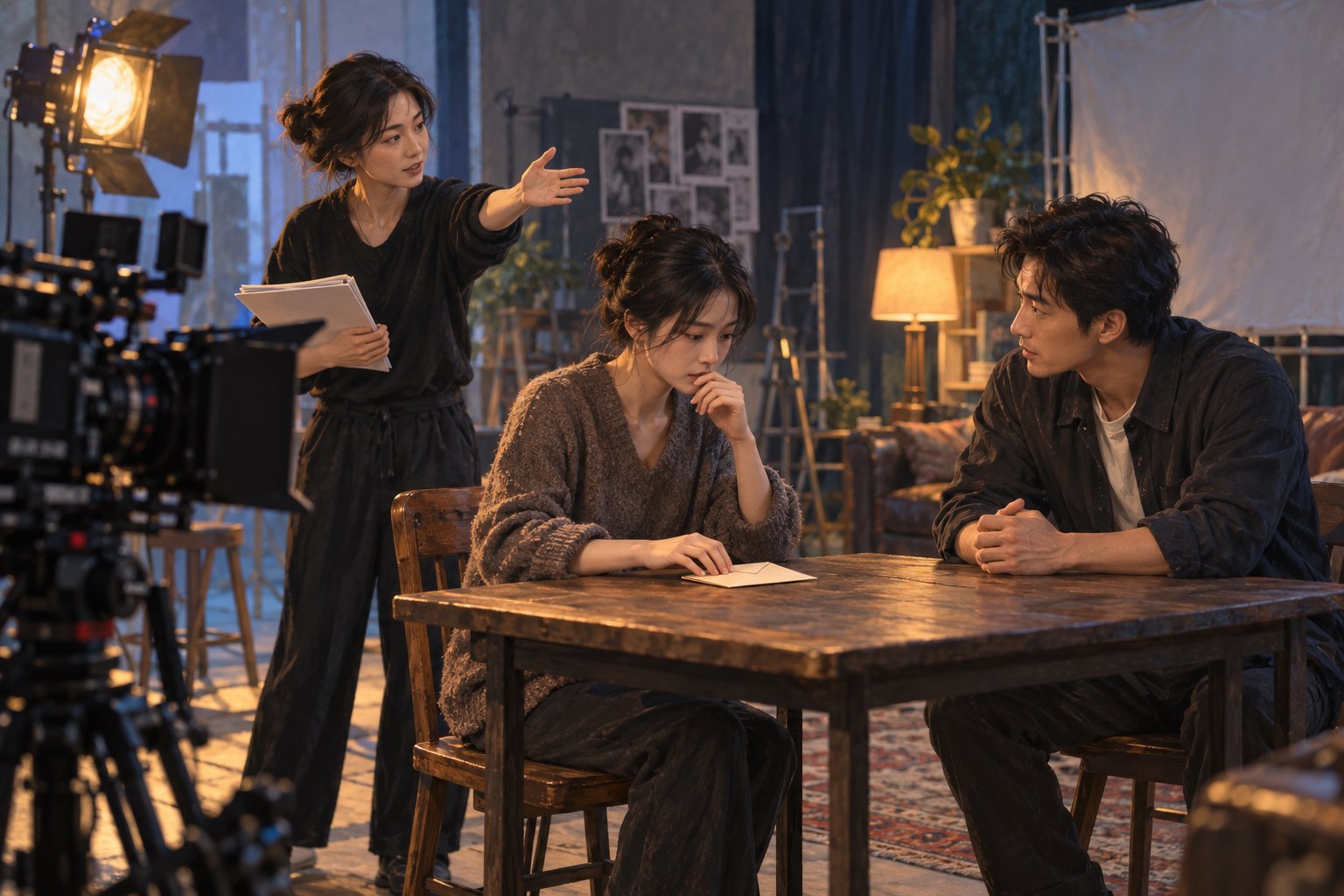 两名参与者在摄影机前围桌排练,指导者示范视线方向,表演体验概念配图