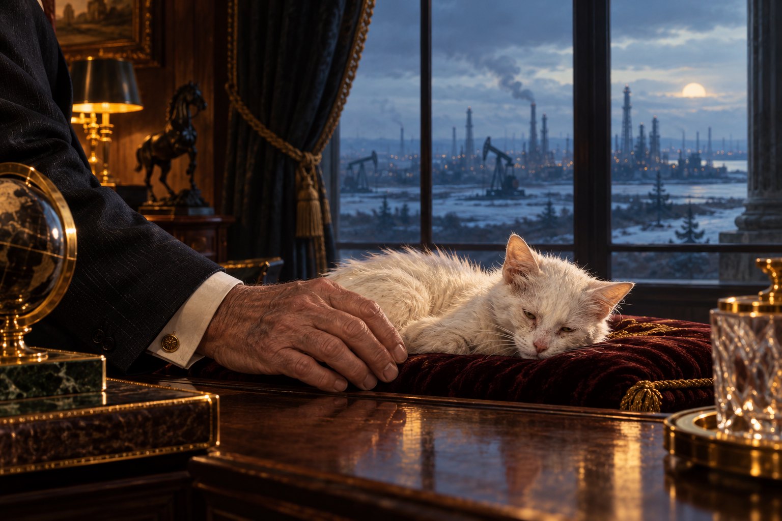 Conceptual illustration of an older man's hand beside a frail white cat, with oil facilities visible beyond a luxurious room.