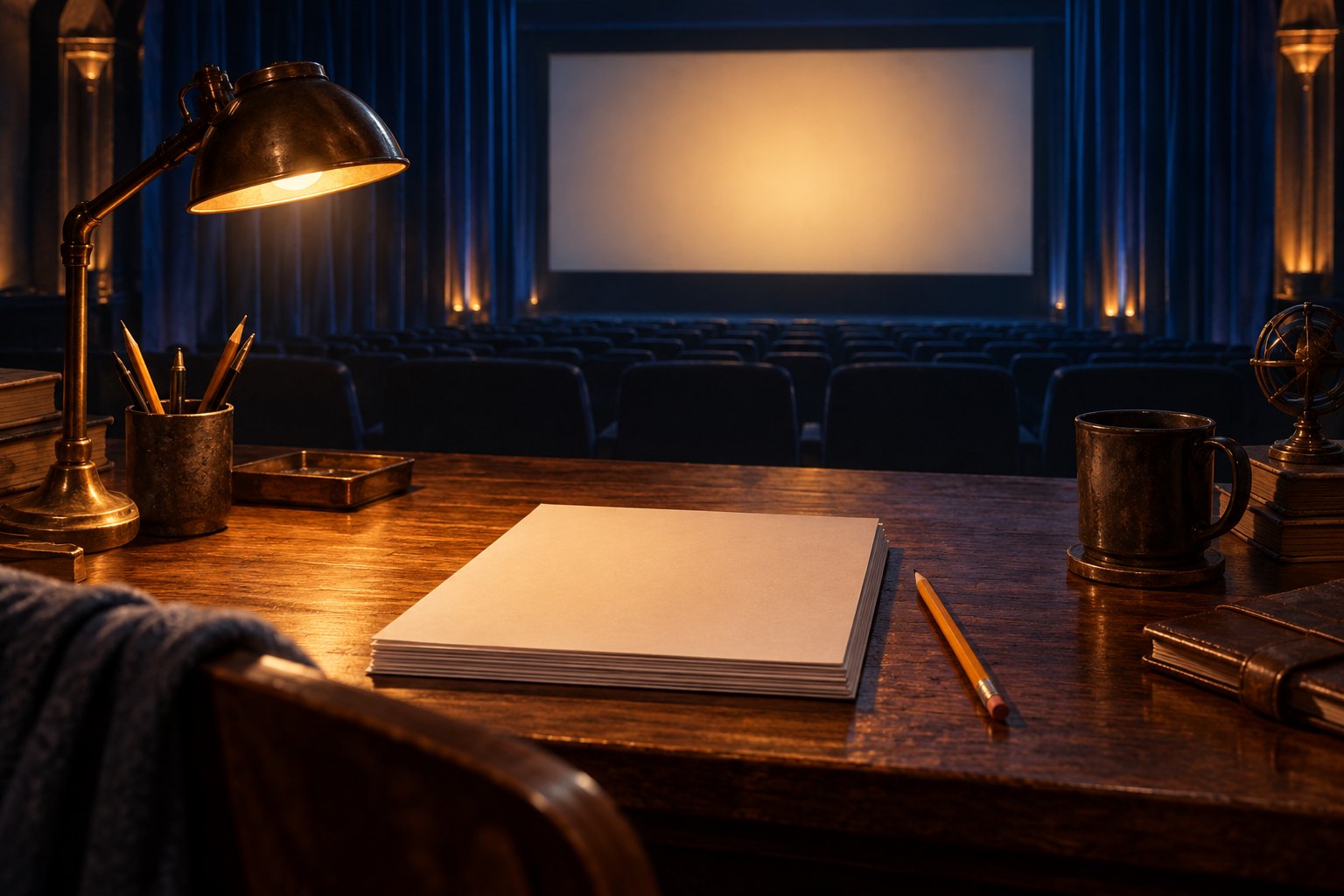 Illustration of blank manuscript pages and a pencil on a warmly lit desk facing a distant cinema screen.