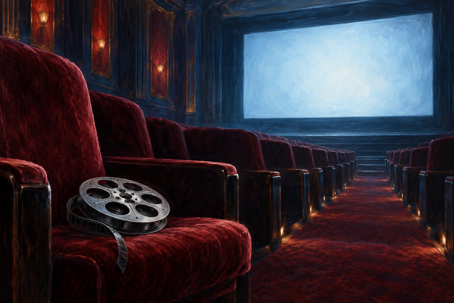 Conceptual illustration of an empty cinema with burgundy seats and a silver film reel illuminated by screen light.