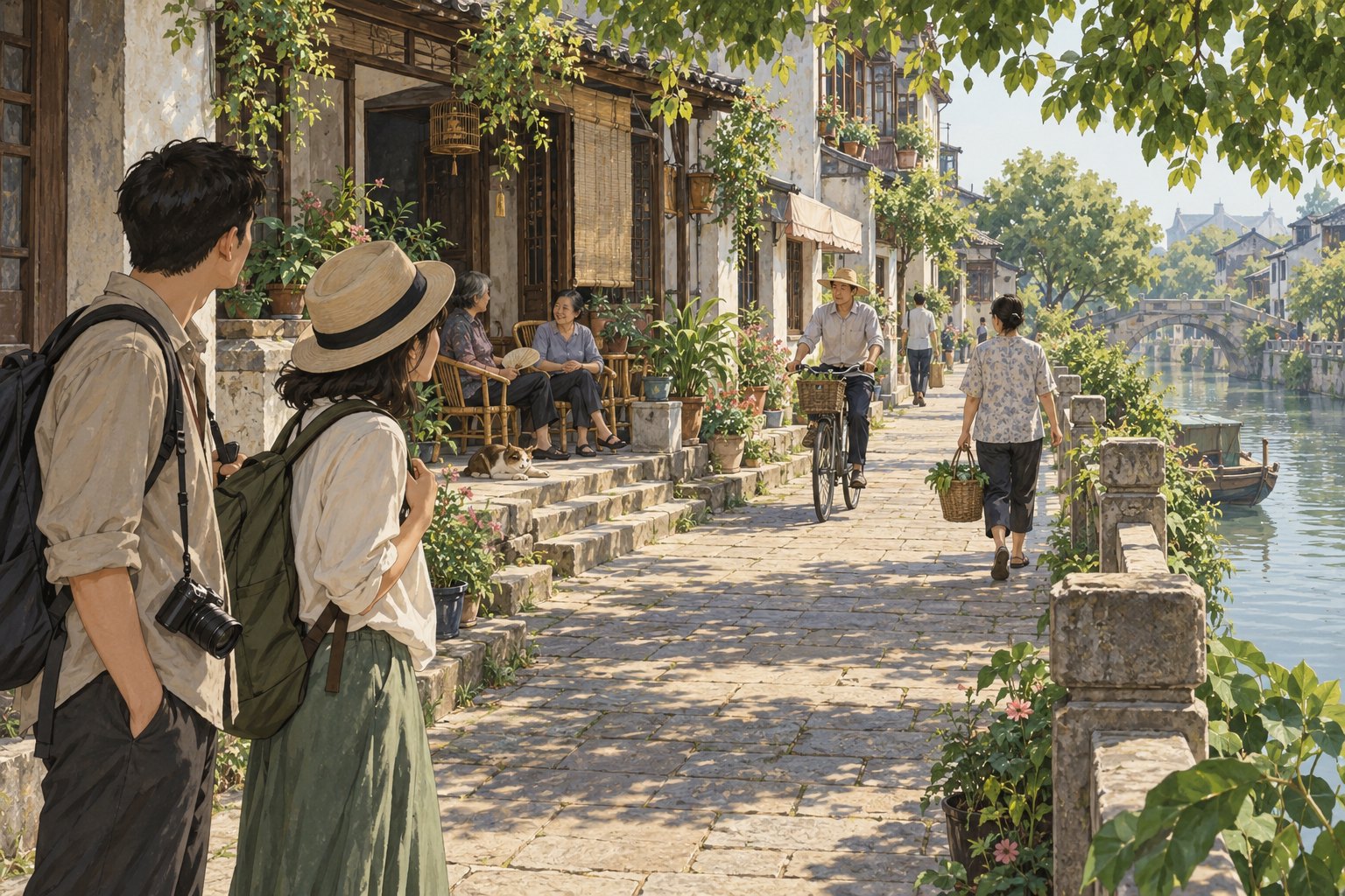 概念插画：两名游客驻足河边街巷，观察居民交谈、骑车和买菜归来的日常