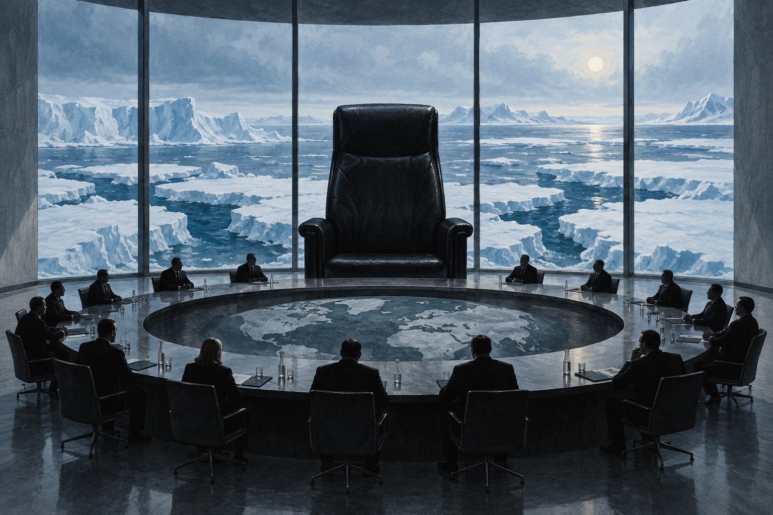 Conceptual illustration of delegates facing an oversized empty chair in a conference chamber overlooking fractured sea ice.