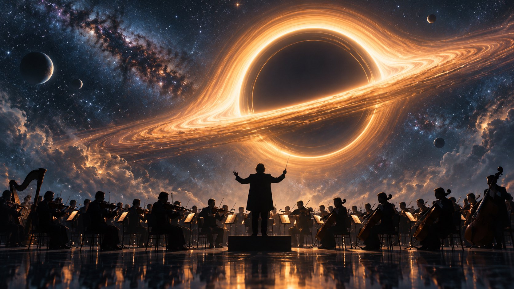 交響樂團與指揮的剪影映襯金色宇宙光環及深藍星空的概念插畫