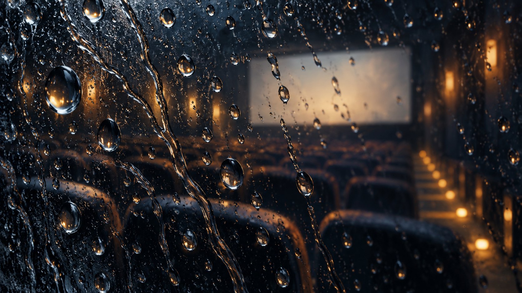 玻璃上的獨立水滴折射暖光,細流逐漸交會,背景是模糊的電影院座席