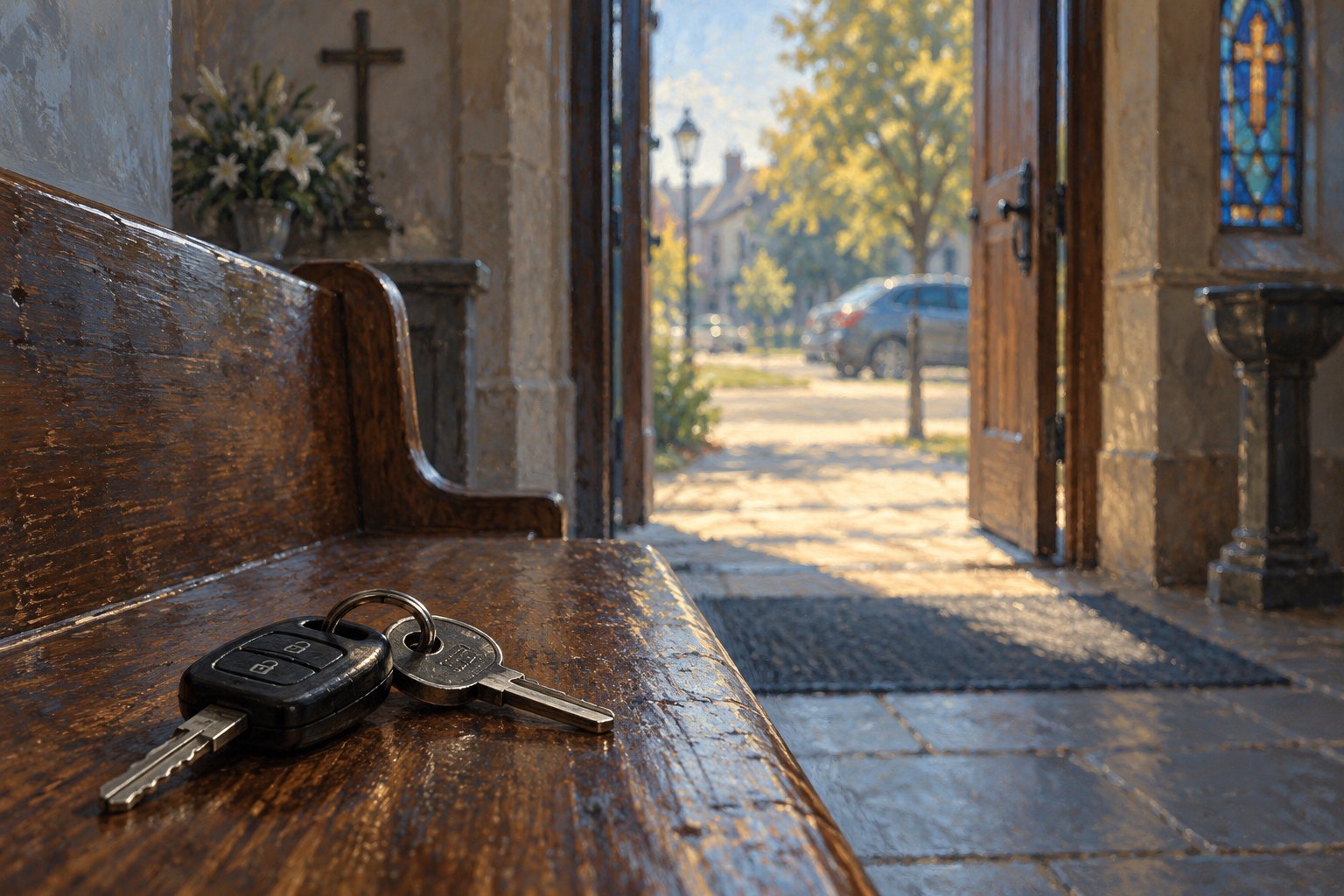 A conceptual illustration of car keys on a wooden church bench beside an open doorway overlooking a parked car.