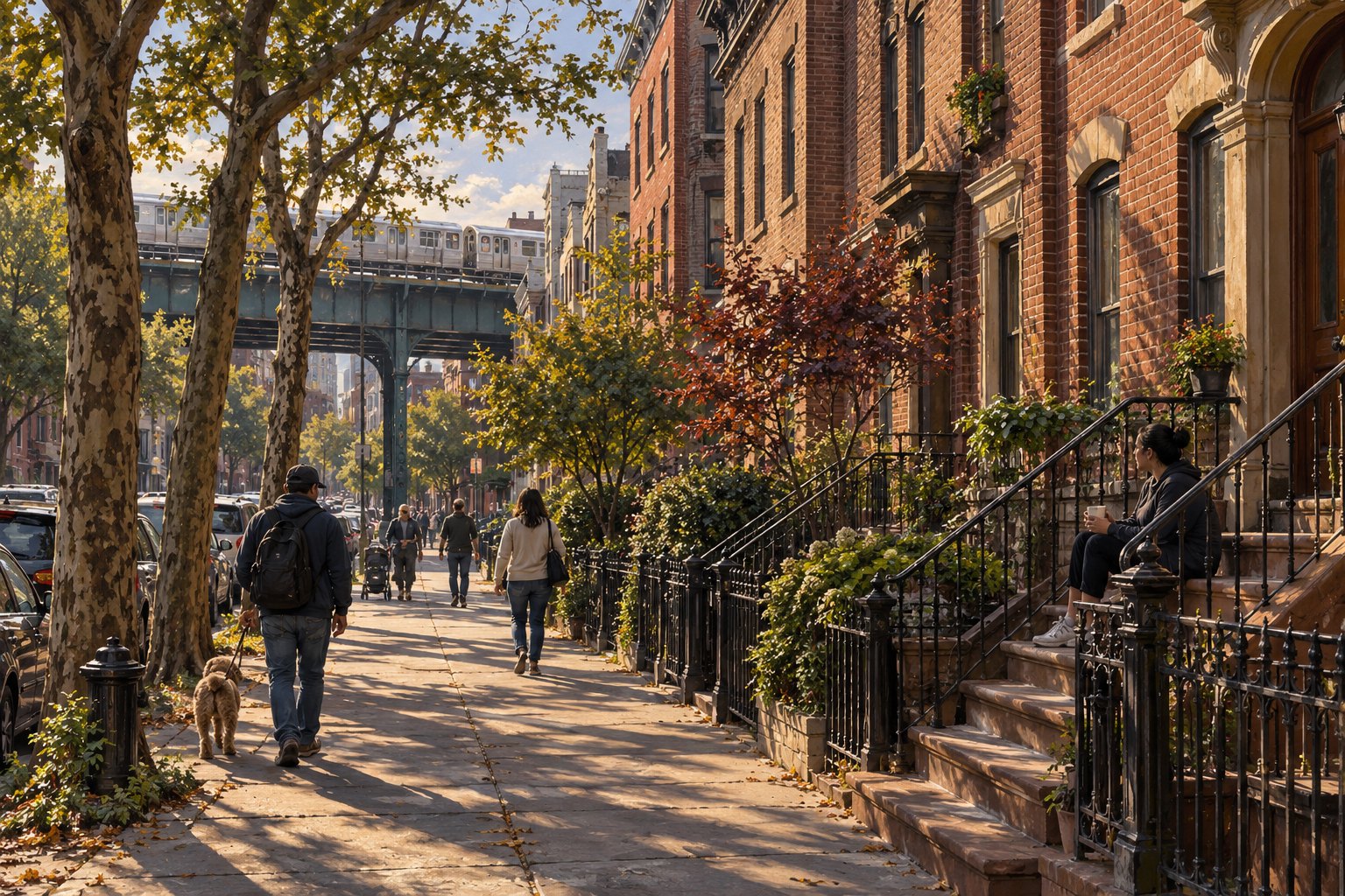 Editorial illustration of pedestrians on a leafy New York residential block with brick stoops and an elevated train.