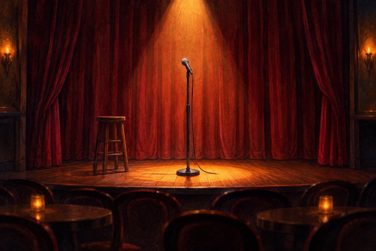 An illustrated microphone stands on an empty comedy stage beneath a warm spotlight and burgundy curtains.