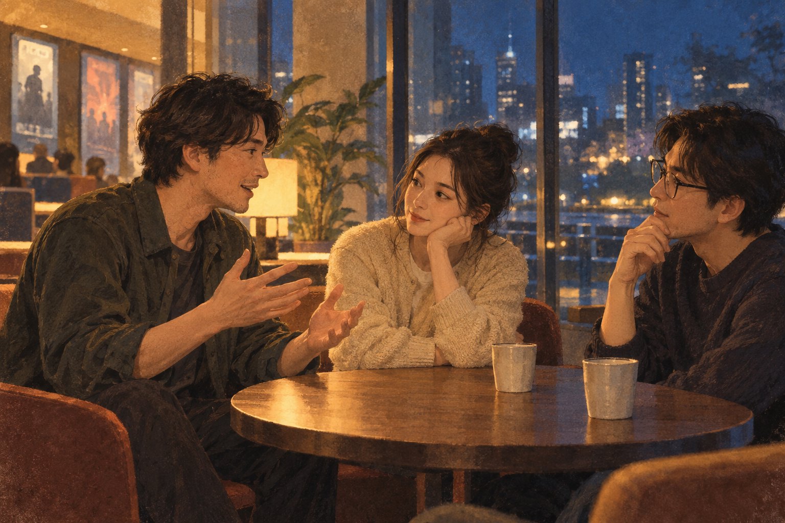 插画中，三位朋友在夜间休息区围坐圆桌，交流各自的观影感受