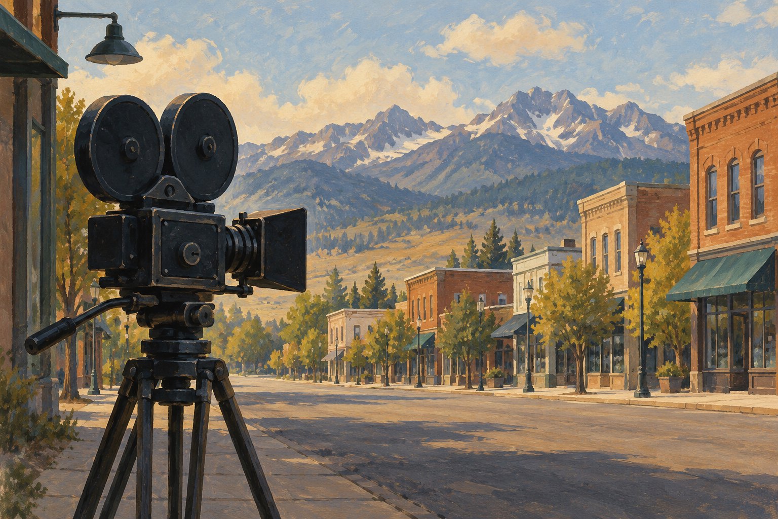 Conceptual illustration of a movie camera on an imagined small-town street with brick storefronts and mountains beyond.