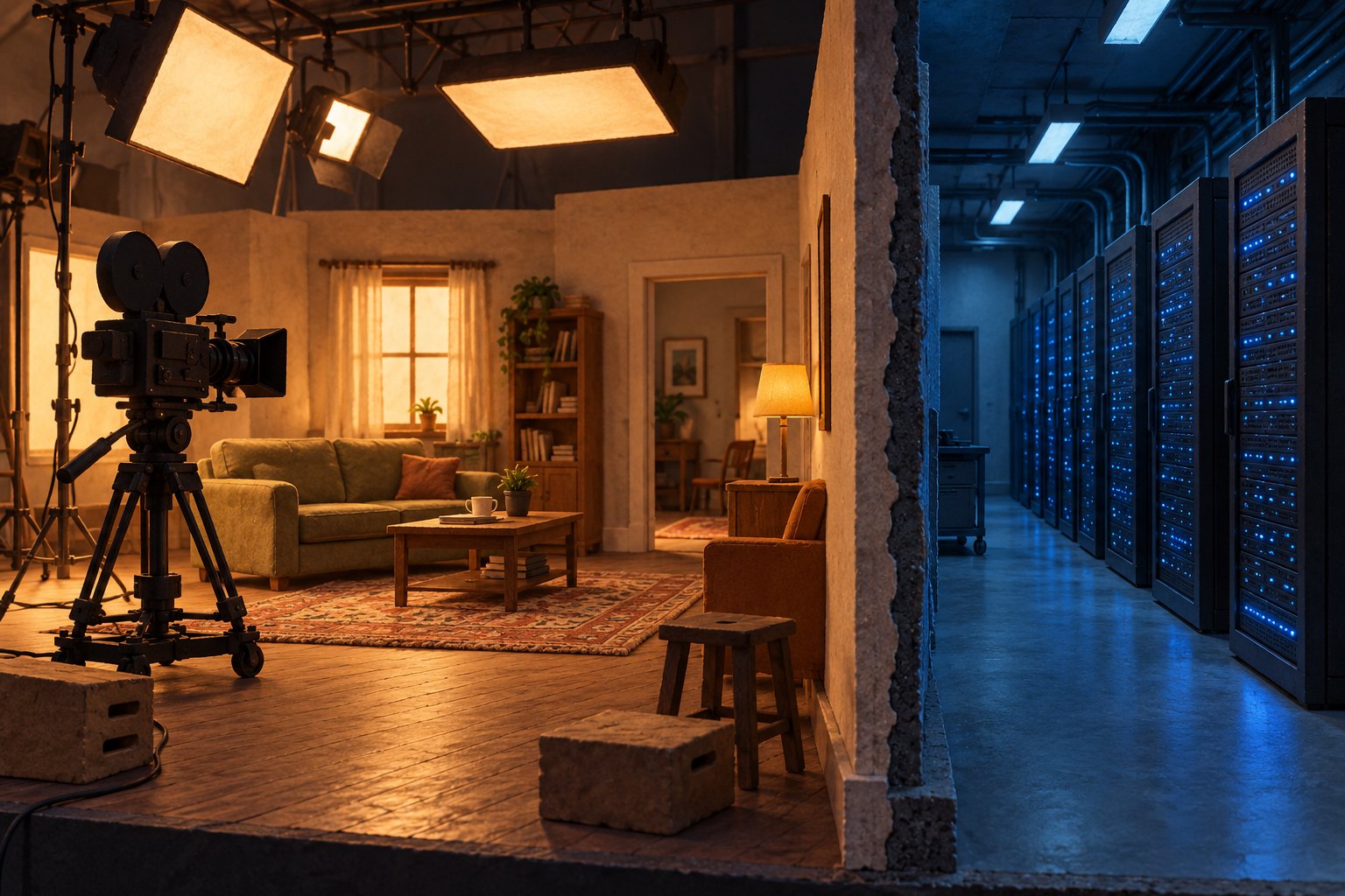 Conceptual cutaway illustration of a warmly lit film set and camera beside a separate blue-lit server room.