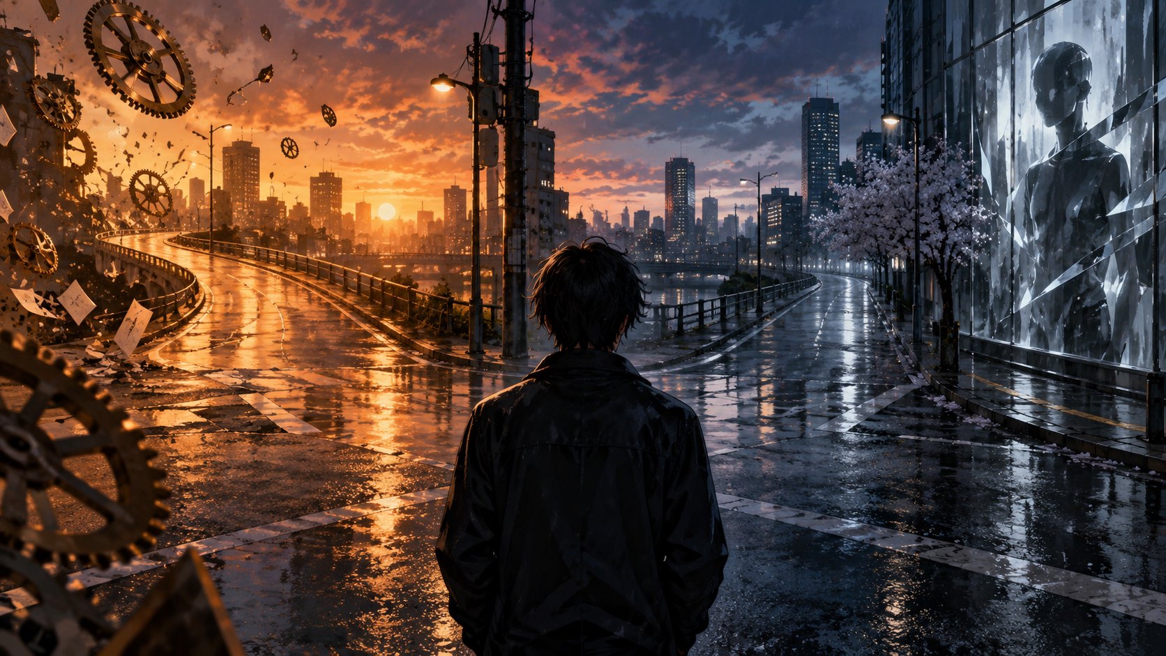 青年站在雨夜城市的岔路前,暖色時鐘碎片與冷色人形倒影象徵改變過去和尋找自我的選擇