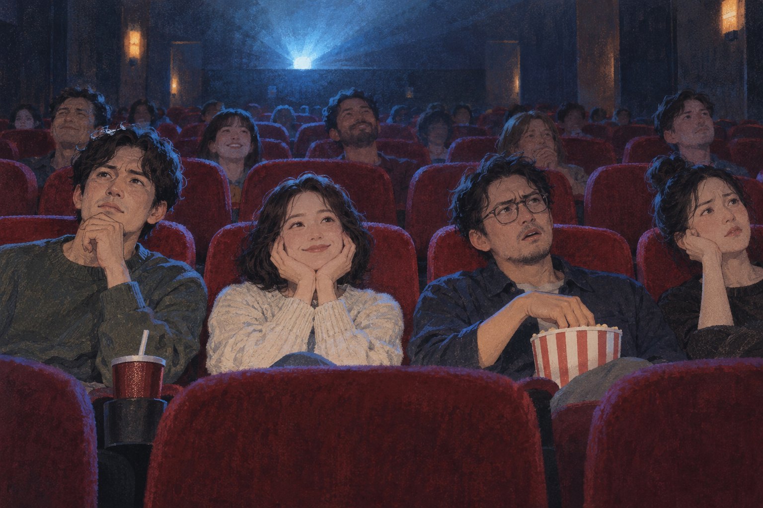 插画中,红色影院座椅里的观众在银幕光下露出微笑、疑惑与思索的神情