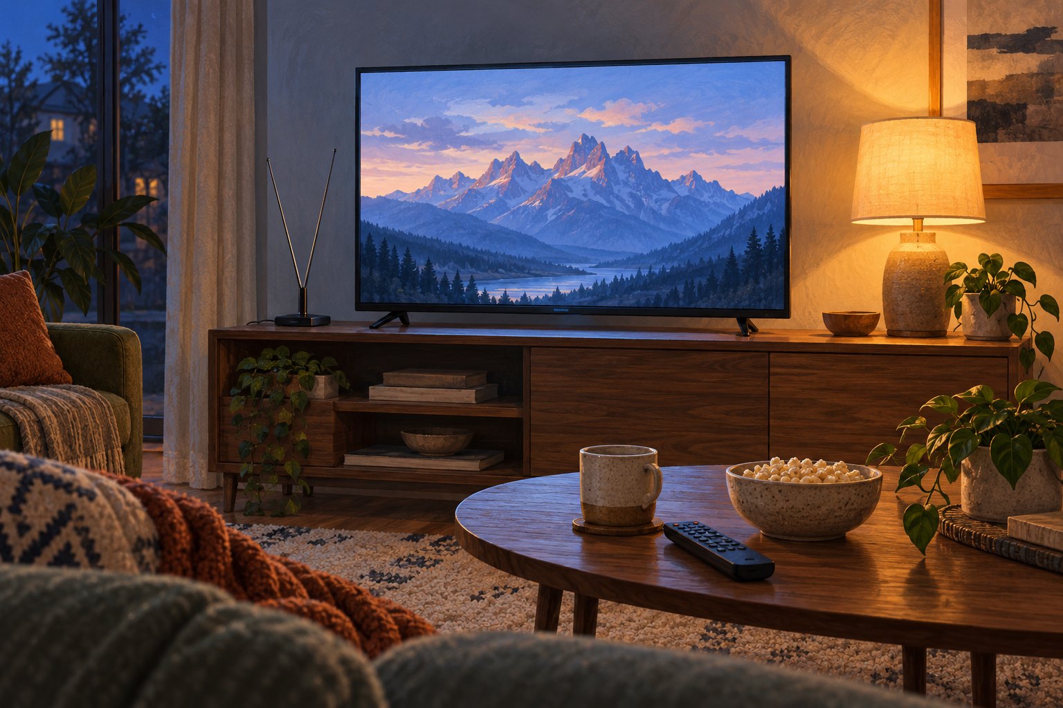Illustrated living room with a mountain landscape on the television, an indoor antenna, and a remote on the coffee table.