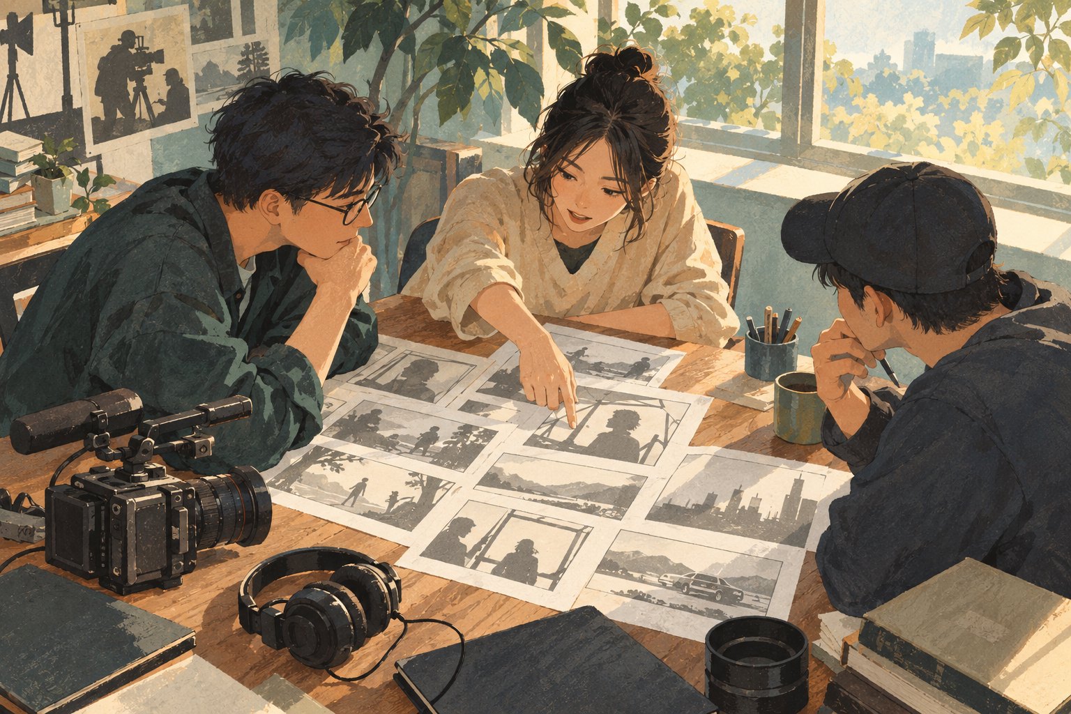 三名青年创作者围桌讨论分镜，桌上摆有摄影机与耳机的概念插画