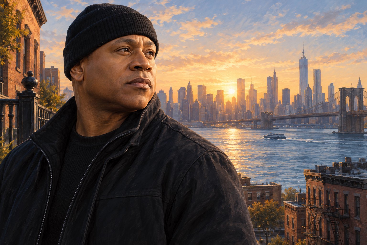 Editorial illustration of LL Cool J in a dark knit cap overlooking the New York waterfront in warm light.