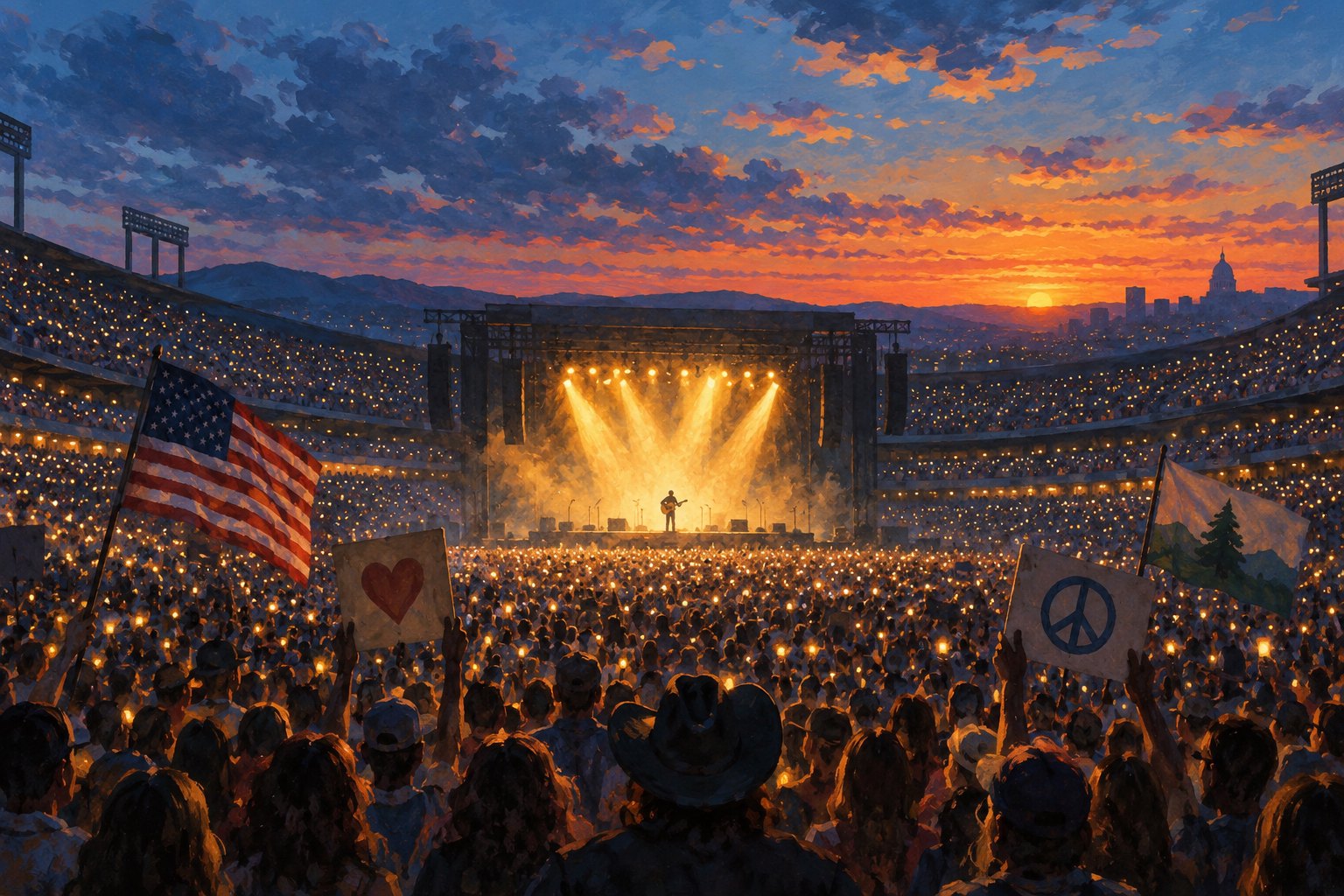 Conceptual illustration of a crowded outdoor concert stadium at dusk with a small guitarist silhouette under warm stage lights.