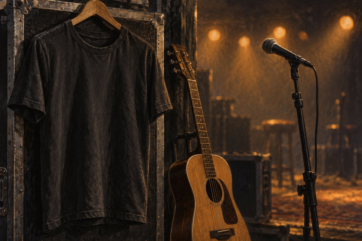Conceptual illustration of an unmarked dark T-shirt beside an acoustic guitar and microphone with blurred amber stage lights.