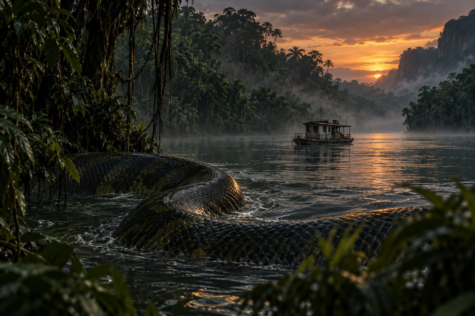 Concept illustration of an enormous serpent coiling through a rainforest river near a small boat at sunset.