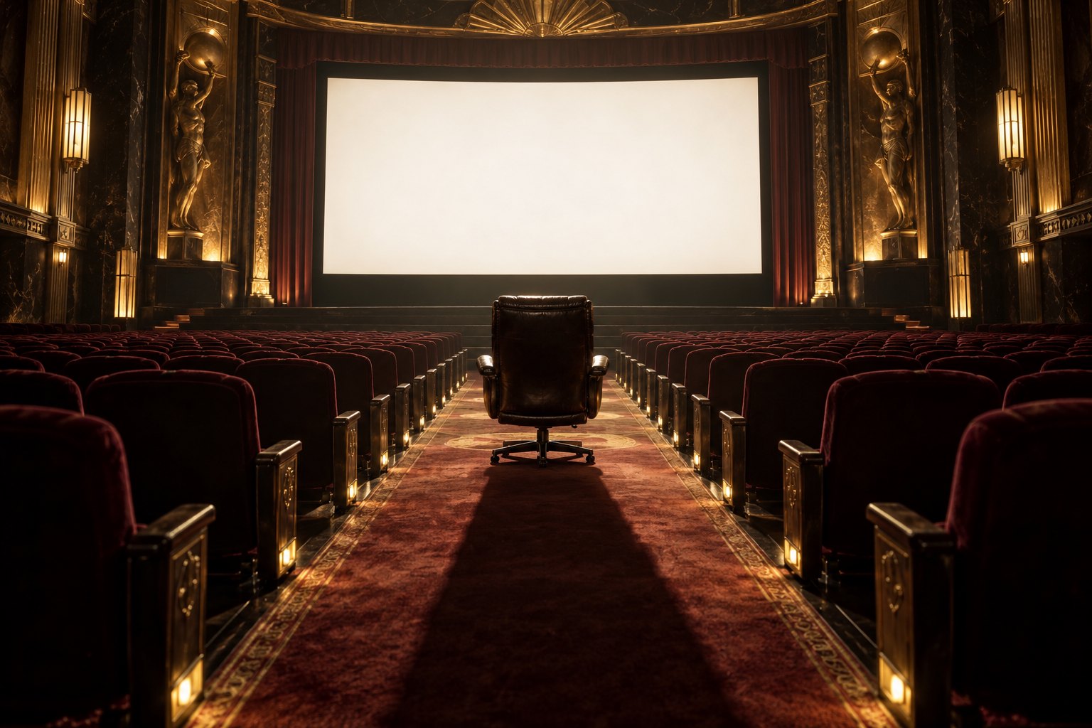 Conceptual illustration of an empty executive chair facing a blank screen inside an ornate cinema with burgundy seats.