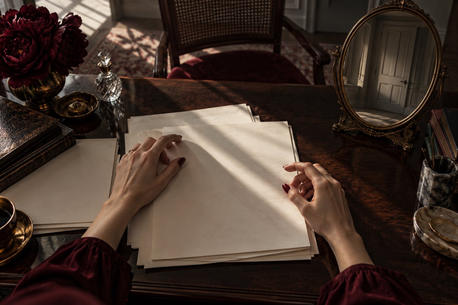 Conceptual illustration of hands above blank manuscript pages on a dark desk, beside a mirror reflecting a closed door.
