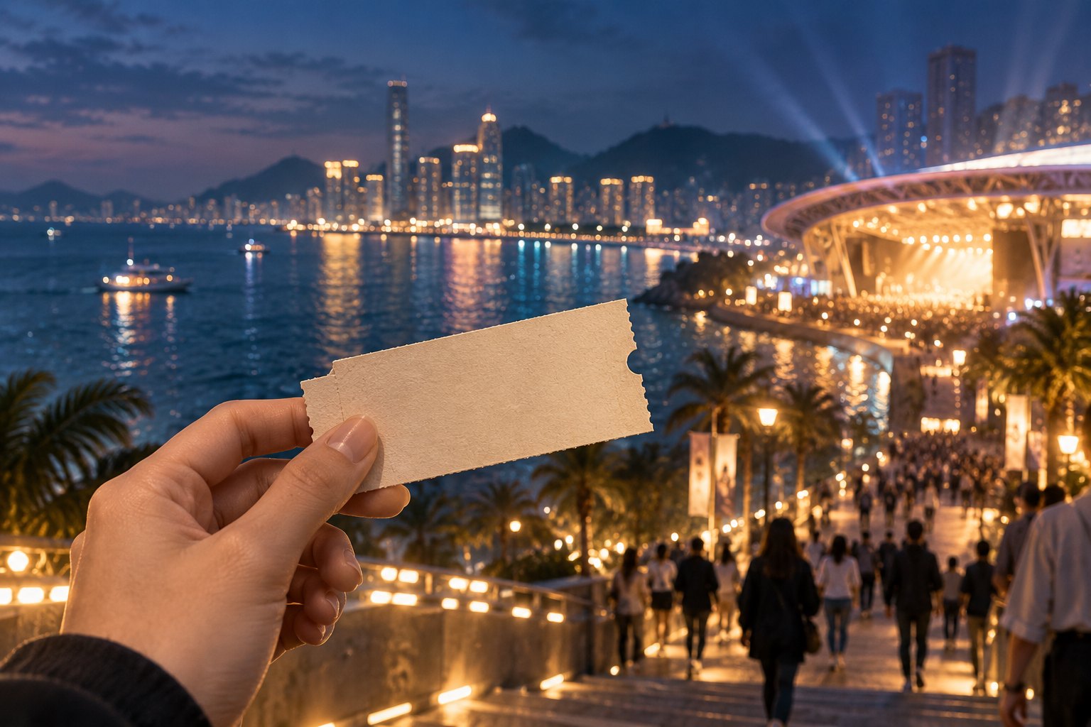 手持空白票根,远处是海滨城市夜色与灯光明亮的场馆,表现散场后城市体验的概念配图