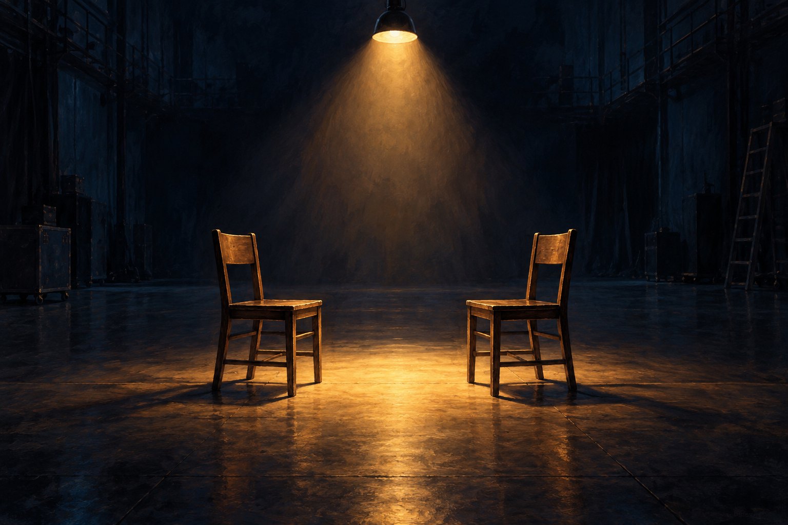 Illustration of two empty wooden chairs facing each other beneath a warm spotlight in a dark rehearsal space.