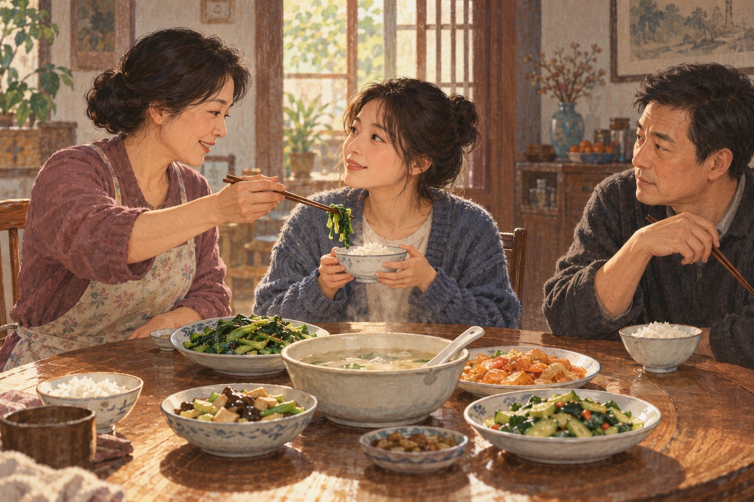 原创情境插画:母亲给成年女儿夹菜,父亲在家常饭桌旁倾听