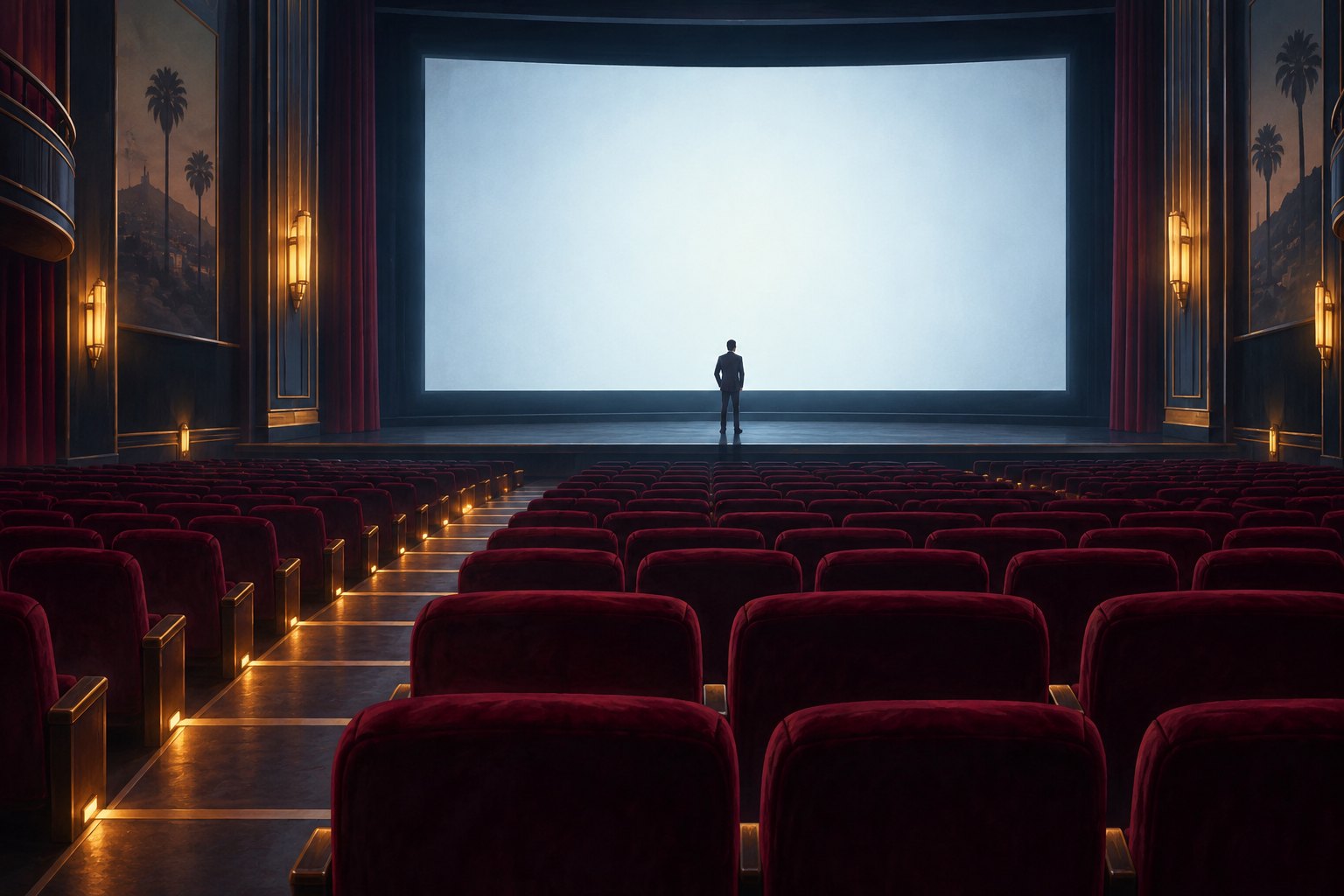 Editorial illustration of a solitary figure facing a glowing screen in an empty burgundy-seated movie theater.