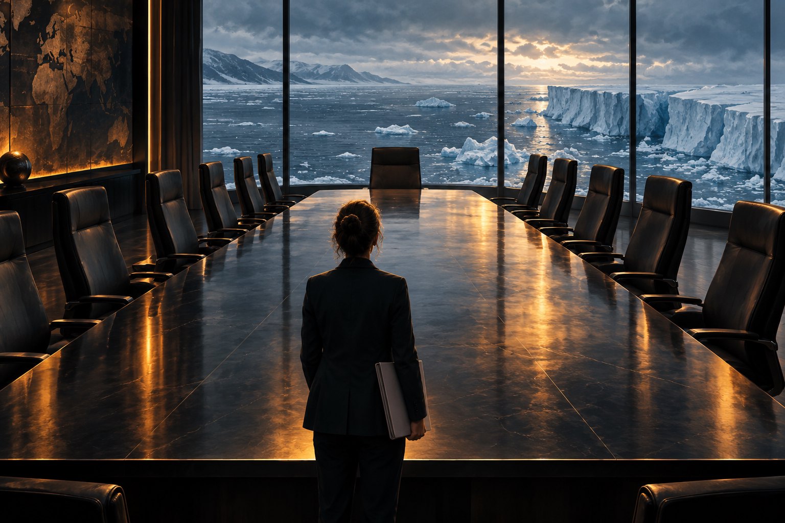 Conceptual illustration of an adviser facing an empty boardroom table overlooking fractured Arctic ice.