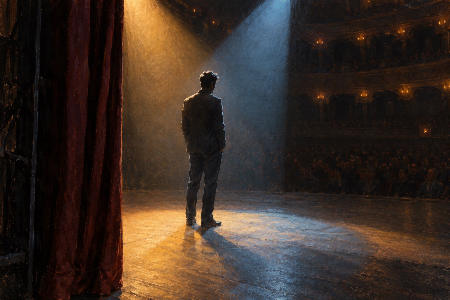 Conceptual illustration of an anonymous performer standing under overlapping amber and blue spotlights on a theater stage.