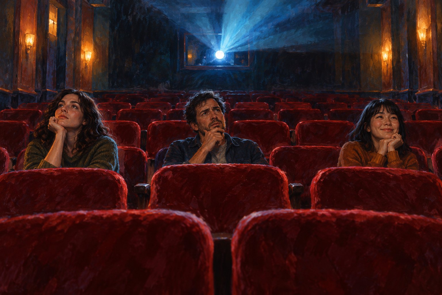 Painterly illustration of three moviegoers showing thoughtful, puzzled, and pleased reactions in a red-seated theater.