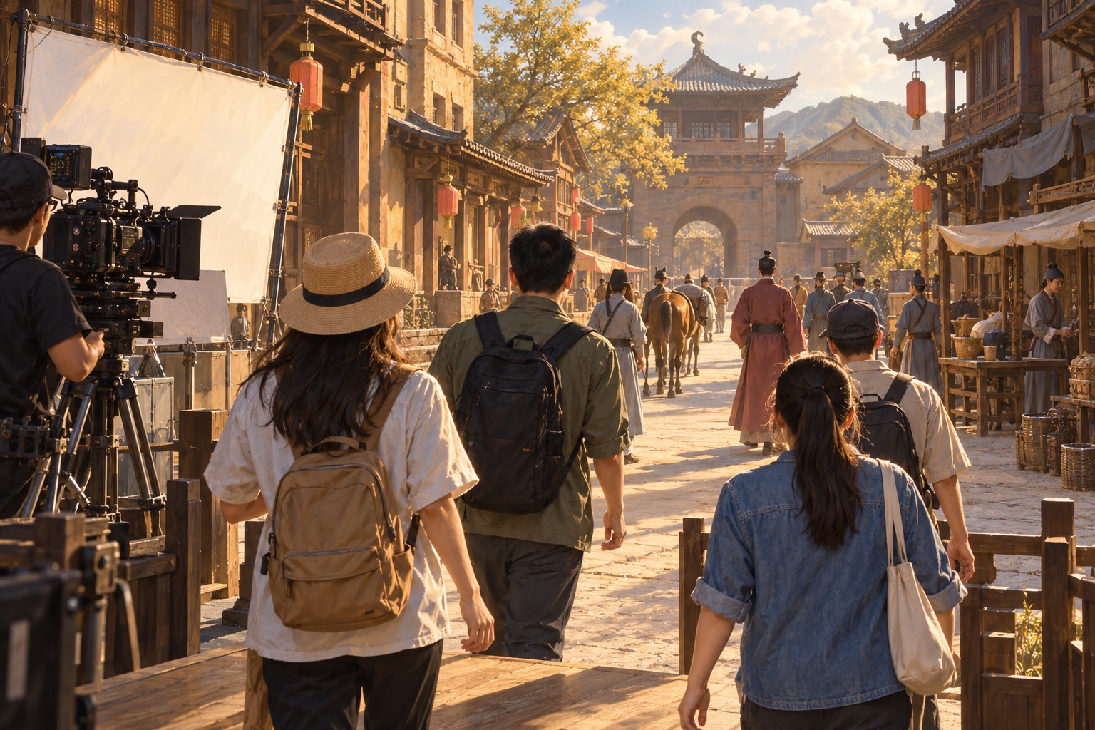 游客走向设有摄影机与反光板的影视布景街道，片场体验概念配图，非乐陵影视城实景