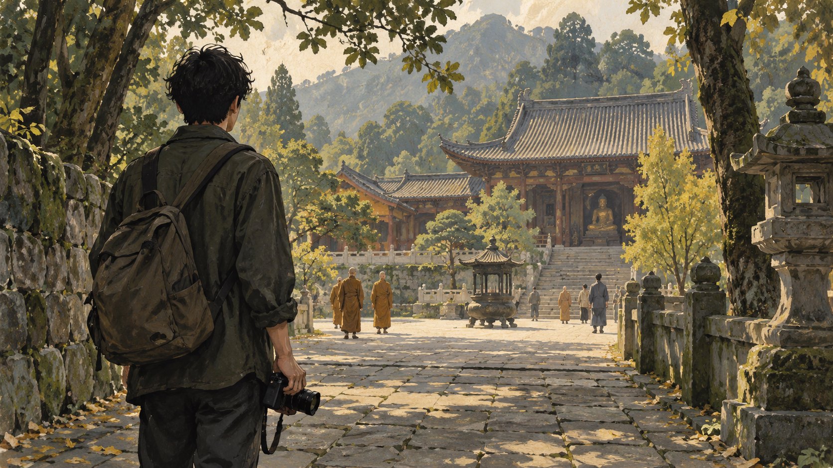 創作者手持攝影機走向綠蔭中的寺院庭園,呈現參訪與觀察主題的概念插畫,非活動實景