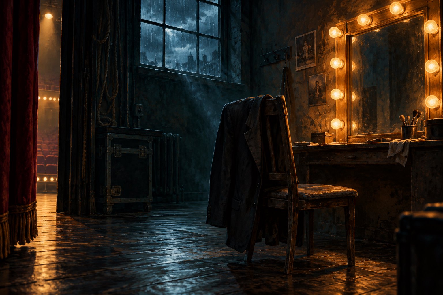 Conceptual illustration of a suit jacket draped over a backstage chair beside an illuminated mirror and a rain-streaked window.