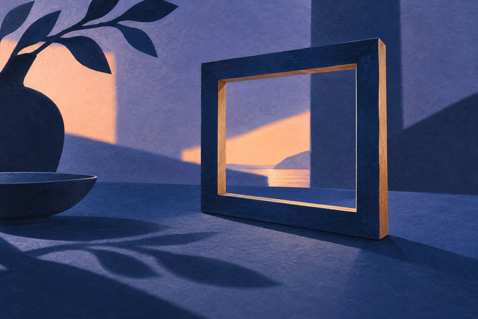 Conceptual illustration of an empty picture frame surrounded by blue shadows and a narrow view of warm light.