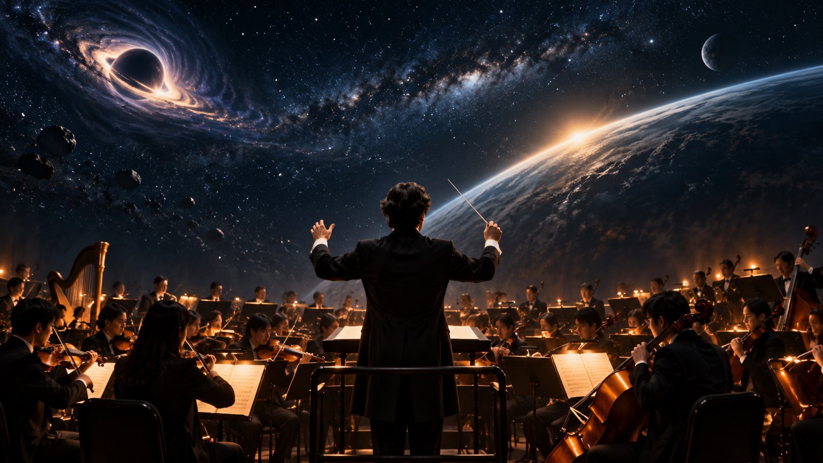 指揮與交響樂團面向星空及行星弧光的音樂會概念插畫,非實際演出現場